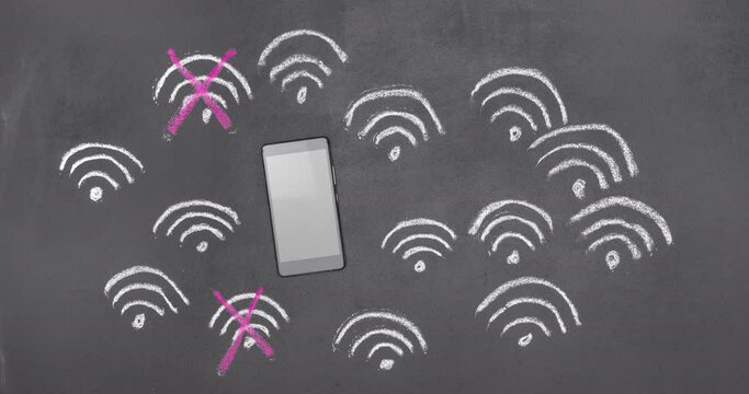 Stop motion animation with many wi-fi signs drawn by a white chalk on a black chalkboard and a smartphone. concept of global network error or problems