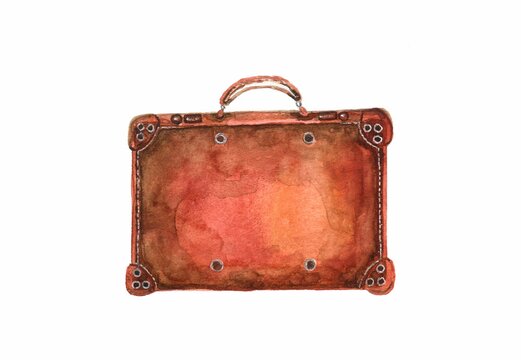 watercolor illustration of a vintage brown leather suitcase with rivets and handle isolated on a white background