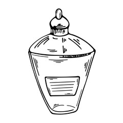 Vector element on a white background. Illustration of a bottle with a potion. Black and white sketch for print, textiles, websites, print. Icons.