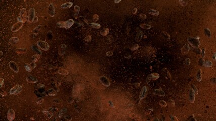 Aromatic cocoa beans flying up in the air