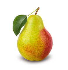 Red yellow pear with leaf, isolated on a white background. Clipping path included.