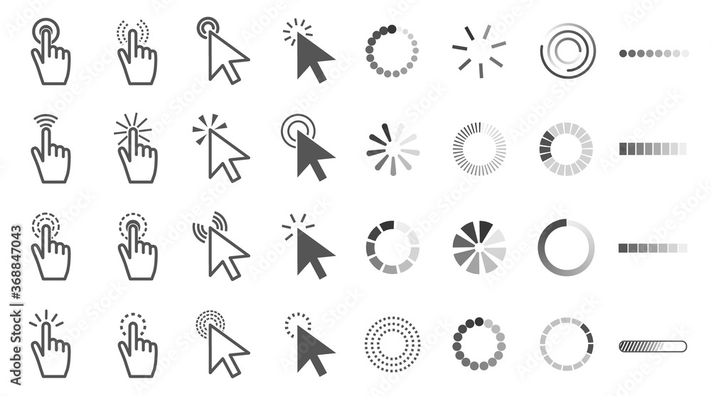 Poster large collection of black and white cursor icons with hands touching buttons or screens, arrows and 