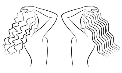 Collection. Women's hairstyle. Smooth long healthy hair and wavy hair. Vector illustration set.