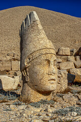 Antique statues on Nemrut mountain, Turkey. The UNESCO World Heritage Site at Mount Nemrut where...