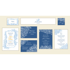 Wedding  set with doodle pattern blue and white color.  Invitation, save the date, thank you,  rsvp, menu,  favor tag, belly band and place card. Vector illustration.   - 368847288