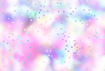 Glitter stars confetti on holographic light blurred texture backgrounds in bright pastel colors.