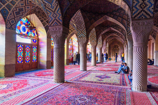 Interior of Nasir Ol-Molk mosque, also famous as Pink Mosque. Shiraz. Iran