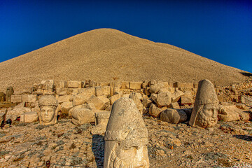 Antique statues on Nemrut mountain, Turkey. The UNESCO World Heritage Site at Mount Nemrut where...