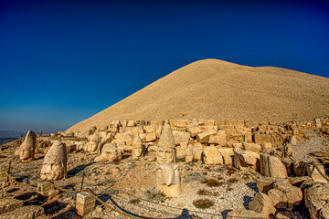 Antique statues on Nemrut mountain, Turkey. The UNESCO World Heritage Site at Mount Nemrut where...