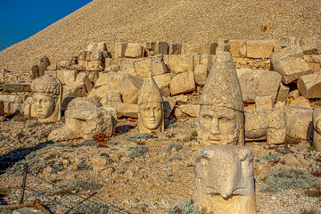Antique statues on Nemrut mountain, Turkey. The UNESCO World Heritage Site at Mount Nemrut where...