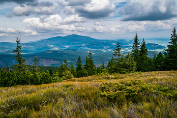 Mountain landscape with blue sky. View from Pilsko in Beskid Zywiecki towards Babia Gora.