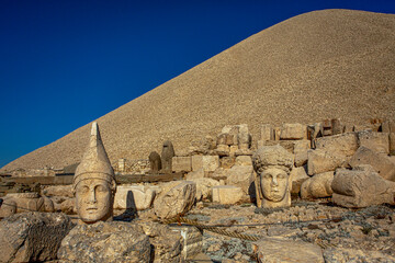 Antique statues on Nemrut mountain, Turkey. The UNESCO World Heritage Site at Mount Nemrut where...