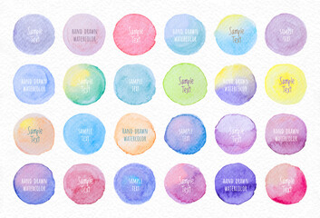 Collection Vector label tag elements Set Watercolor brush paint strokes circle shape from a hand drawn on the white paper texture background