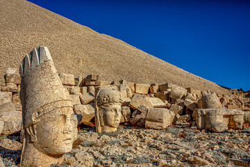 Antique statues on Nemrut mountain, Turkey. The UNESCO World Heritage Site at Mount Nemrut where...