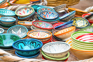 A series of typical Moroccan ceramics in the market of the Essaouira kasbah