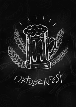 Hand drawn octoberfest poster card mug of beer with pattern background look like chalk board
