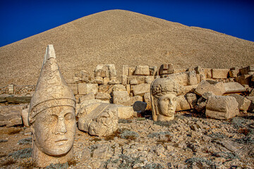 Antique statues on Nemrut mountain, Turkey. The UNESCO World Heritage Site at Mount Nemrut where...