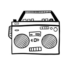 Retro record player. Doodle style modern original illustration. Drawn by hand old school boombox. Vector Illustration. Realistic , for cards, posters, postcard design, logo, for printed matter