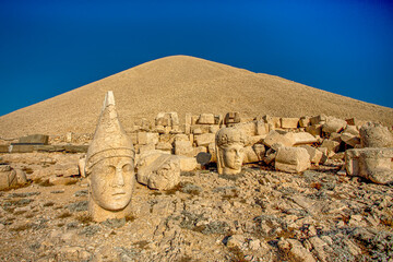 Antique statues on Nemrut mountain, Turkey. The UNESCO World Heritage Site at Mount Nemrut where...