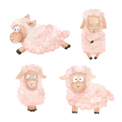 Hand-drawn watercolor illustration of sheep. Set of funny animals on a white background.  