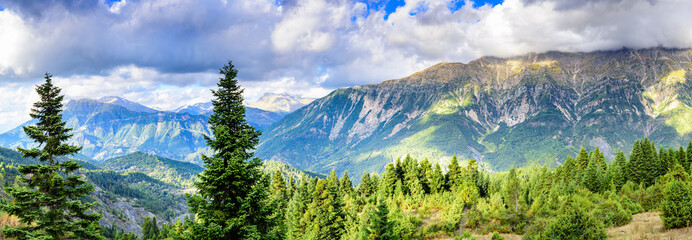 Wide panoramic view of mountains of Tzoumerka National Park. Greece