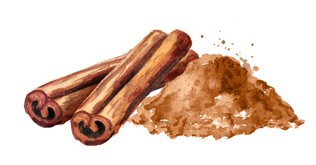 Cinnamon sticks and powder. Hand drawn watercolor illustration, isolated on white background