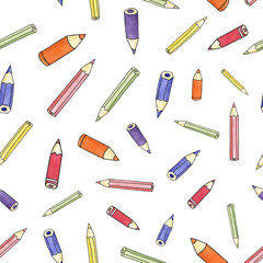  Watercolor illustration with the image of the pencils. Seamless pattern of colored objects on a white background.