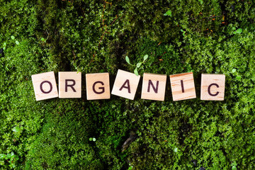 the word organic. The word organic is written on a green background of moss. Letters on wooden...