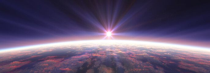 Earth sunrise from space over cloudy ocean. 3d rendering © aleksandar nakovski