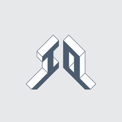 IO - logo or 2-letter code. Isometric 3d font for design. Number 10 or Letters I and O - Monogram or logotype. Three-dimension original letters.