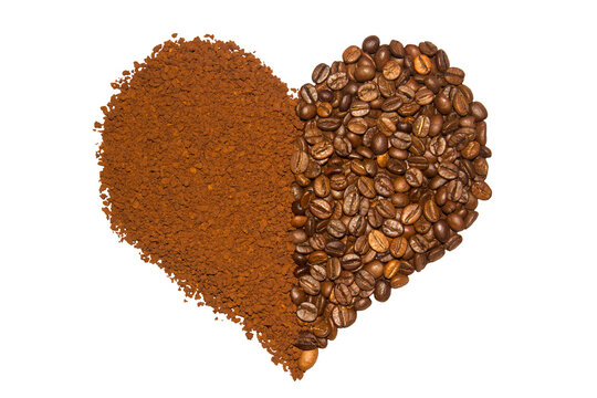 Double coffee heart isolated on a white background. Heart made from beans and instant coffee. Love