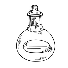 Vector element on a white background. Illustration of a bottle with a potion. Black and white sketch for print, textiles, websites, print. Icons.