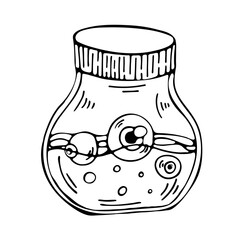 Vector element on a white background. Illustration of a bottle with a potion. Black and white sketch for print, textiles, websites, print. Icons.