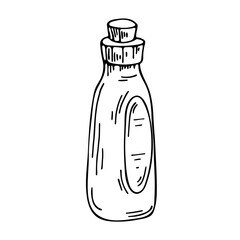 Vector element on a white background. Illustration of a bottle with a potion. Black and white sketch for print, textiles, websites, print. Icons.