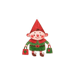 pencil drawing of happy dwarf with shopping bags