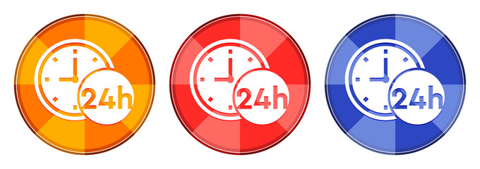 24 hours clock icon burst light round button set illustration