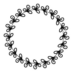 Three Clover Leaf Circle Raster Floral Design Card. Cute flower branch with leaves wreath. Greeting, wedding invite template. Round frame border for lovely quote. Tender copy space, picture frame