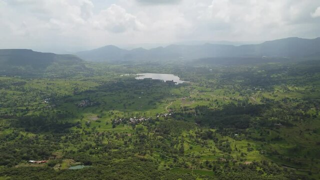 Amazing aerial view from the Tikona fort - a fortress near Lonavala, Pune in India during monsoon.