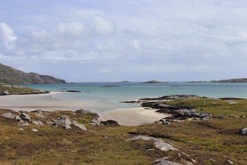 view of the sea and mountains, south uist, outer hebrides, scotland