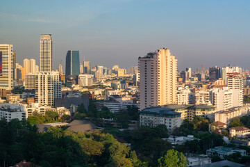 Obraz premium Bangkok Thailand skyline aerial view from upper floor of hotel downtown apartment buildings and skyscrapers