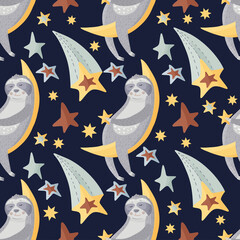 Cute sloth on a moon with star in hands. Cartoon vector seamless pattern in a flat style. Slow lazy animal with hearts, stars and flowers, nature kid print on a dark background. © trihubova
