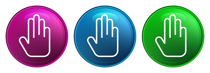 Stop hand icon magic glass design round button set illustration