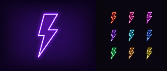 Neon lightning bolt icon. Glowing neon thunder flash sign, electrical discharge - obrazy, fototapety, plakaty