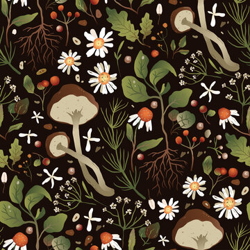 Handdrawn trendy forest background in a flat style. Seamless chamomile and mushrooms pattern. Herbs and flowers vector floral autumn design.