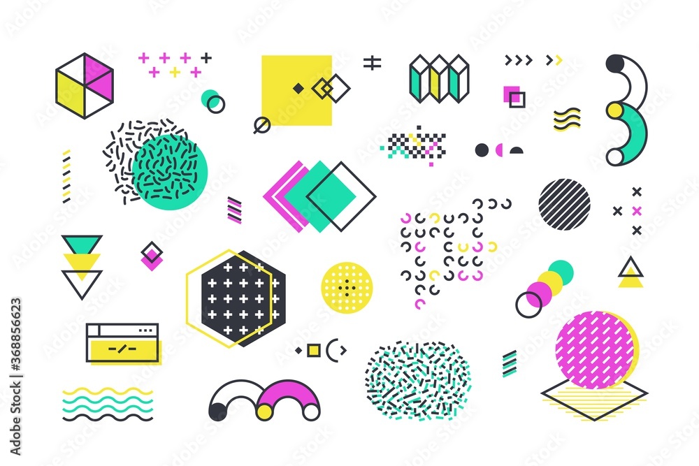 Aufkleber Memphis shapes. Abstract geometric line elements with retro graphic shapes for web design advertisement and social network banners. Vector set vintage wave ornament for 1980 illustrations