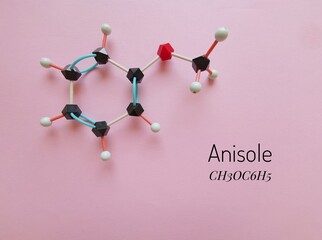 Molecular structure model of anisole. Anisole (methoxybenzene, methyl phenyl ether) is a colorless...