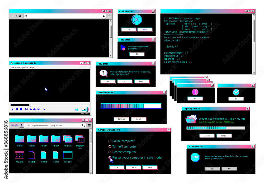 Aufkleber Retro interface. Classic old software UI with cyberpunk theme and colors, retro futuristic popup windows, internet browser and file manager. Vector set computers screen panel loading