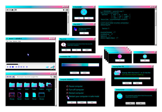 Retro interface. Classic old software UI with cyberpunk theme and colors, retro futuristic popup windows, internet browser and file manager. Vector set computers screen panel loading