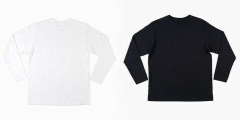 Blank long sleve shirt mock up template, front and back view, isolated on white, plain black and white t-shirt mockup. Long sleeved tee design presentation for print.
