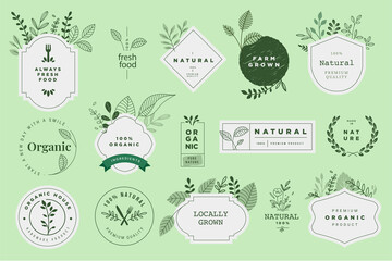 Organic and natural food and products signs. Vector illustrations for products promotion, packaging design, web design, business presentation, marketing material.
